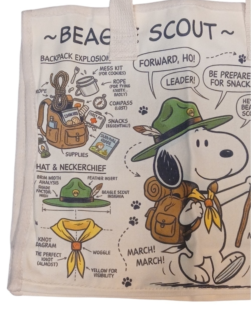 Peanuts -ECO Friendly,NWT, Snoopy Beagle Scout Large Tote Bag, Inside Pocket, - Picture 10 of 13